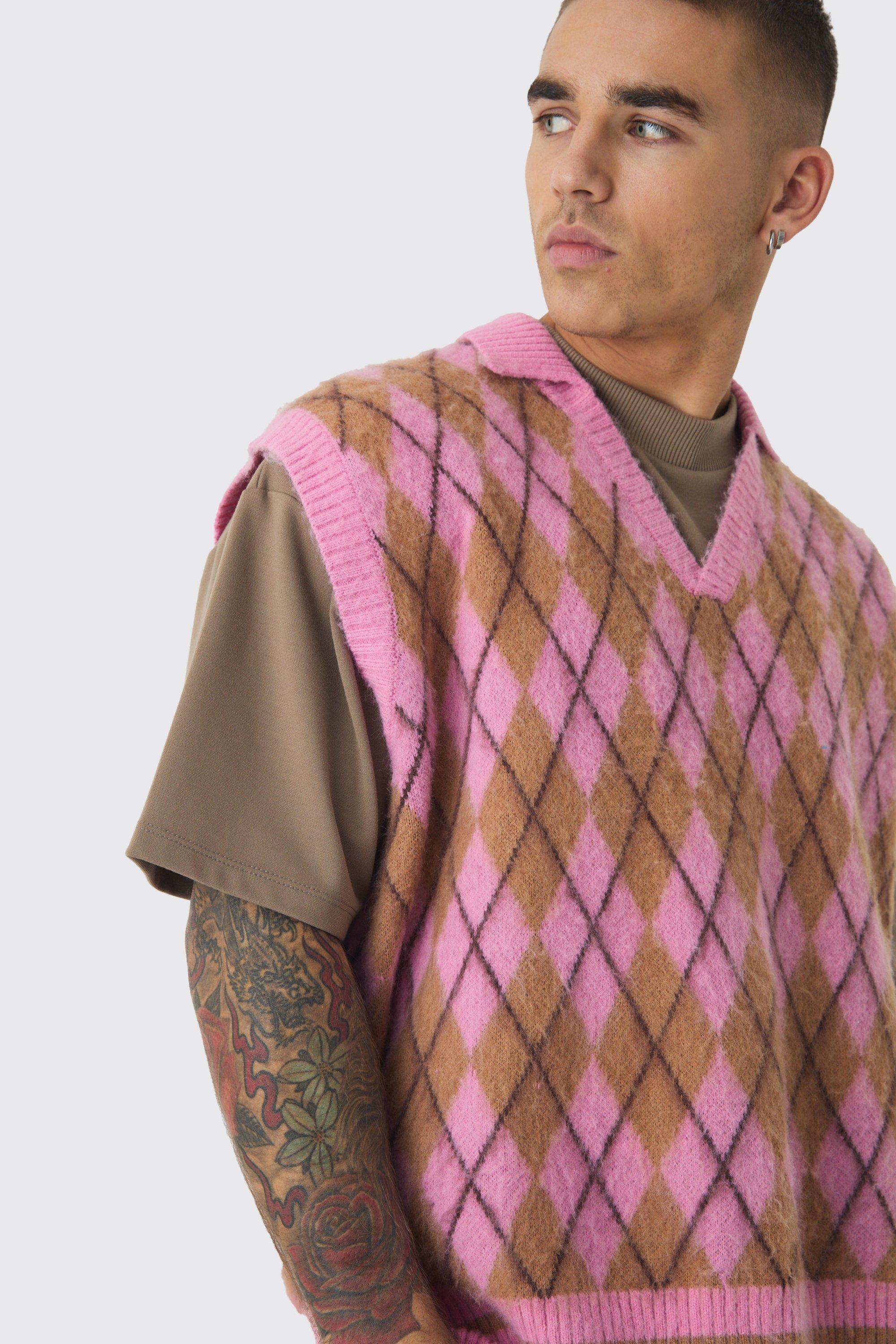 Oversized V Neck Argyle Fluffy Knit Vest | boohoo USA Oversized V Neck Argyle Fluffy Knit Vest | boohoo USA